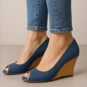 A J Valenci Peep Toe Denim Wedge Pumps Blue Gold Trim Size 9W – EUC
